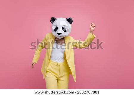 Photo of funny lucly lady wear yellow jacket suit bear mask dancing having fun isolated pink color background