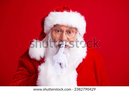 Photo of retired man santa claus wear white gloves hands touch mouth stop talk information news isolated on red color background