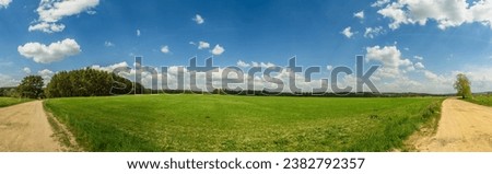 panorama of country side with dirt road, field, forest