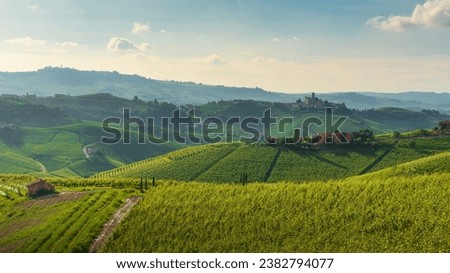 Langhe vineyards landscape and Castiglione Falletto village on the top of the hill, Unesco World Heritage Site, Piemonte region, Italy, Europe. Royalty-Free Stock Photo #2382794077