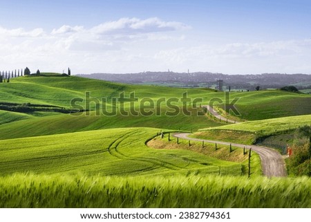 Route of the via Francigena. Road, fields and trees. Siena city in the background. Tuscany. Italy, Europe. Royalty-Free Stock Photo #2382794361
