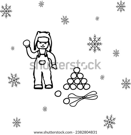 Winter doodle kid playing outdoor vectors. Suitable for a postcard, cartoon, black and white children's coloring pages