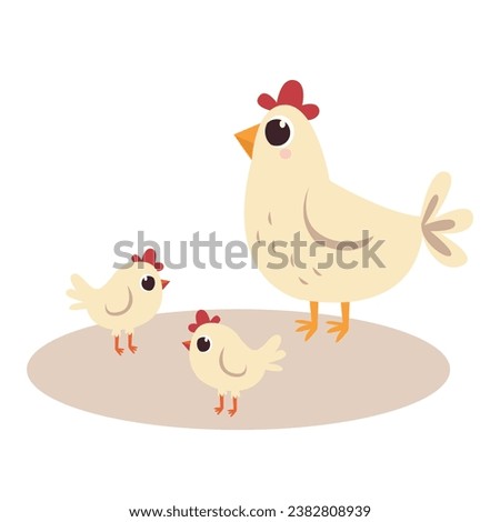 Cute chicken vector set. Cartoon hen with chicks characters design collection with flat color in different poses. Set of funny pet animals isolated on white background.