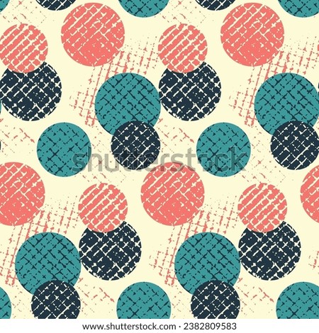 Seamless geometric pattern, simple abstract background with a 90s motif. Graphic surface design, textile print with a composition of circles, paint prints, grid. Vector illustration.