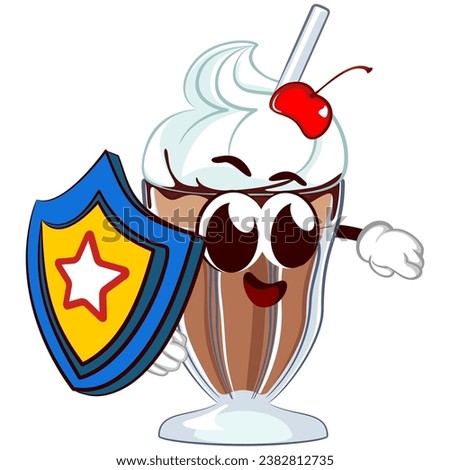 mascot character of a glass of milkshake with a funny face carrying a shield with stars, isolated cartoon vector illustration. emoticon, cute milkshake glass mascot