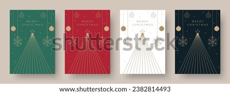 Christmas Card Vector Design Template. Set of Christmas Card Designs with Geometric Festive Scene Illustration of Christmas Tree and Bauble Decorations. Merry Christmas Greeting Card Concepts
