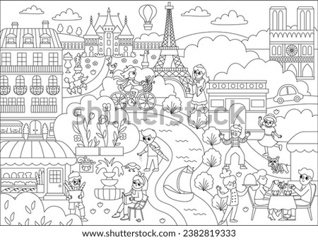 Vector Paris black and white landscape illustration. French capital city scene with people, animals, sights, buildings, Eiffel tower, bakery. Cute France line background with river, field, park
