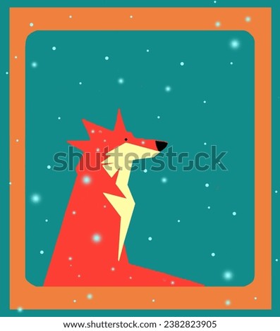Fox turquoise background with falling snow. Cute fox animal cartoon. Vector illustration