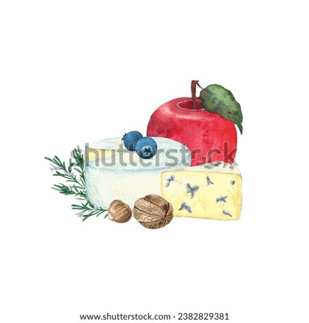 Watercolor Cheese Clipart. Cheese with apple, hazelnut
Walnut, blueberry. Culinary Clip art, Cookbook Illustrations, Kitchenware, logo, templates, flyer, sticker, recipe, Food Clipart