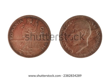 2 Lei 1914 Carol I. Coin of  Romania. Obverse Bearded head left. Reverse Standing figure walking right