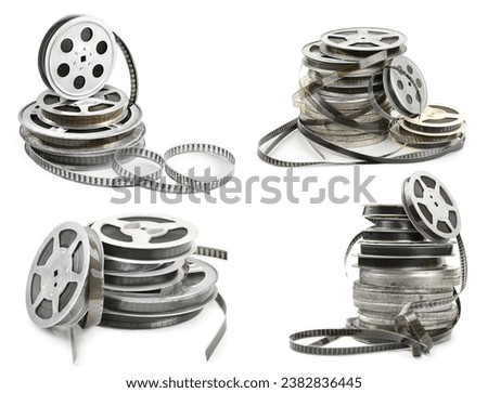 Collections old film strip in metal bobbins isolated on white background. Various angles.