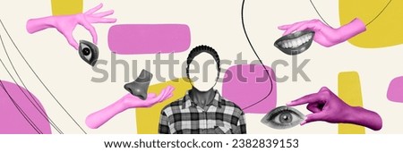 Exclusive magazine picture sketch collage image of arms completing face puzzle isolated creative background Royalty-Free Stock Photo #2382839153