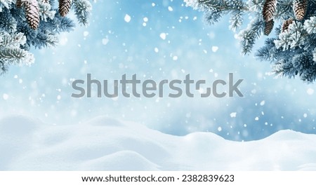 Beautiful landscape with snow covered fir trees and snowdrifts.Merry Christmas and happy New Year greeting background with copy-space.Winter fairytale.  Royalty-Free Stock Photo #2382839623