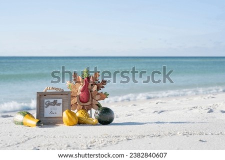 Thanksgiving decorations turkey on beach on a sunny fall say 