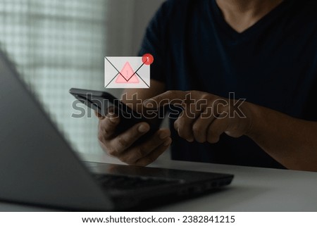 Cyber security threat and online fraud concept. Fraud email spam icon, phishing scam alert on smartphone. danger website address, fake SMS messages warning on mobile phone. Bank account attack hacker. Royalty-Free Stock Photo #2382841215