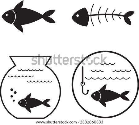 collection of icons of fish in an aquarium, fish on a fishing rod, fish being eaten	
