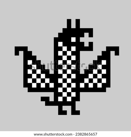 Pixel art monochrome cute dragon with wings isolated on grey background. For celebrating chinese new year 2024, home textile, bedding, wallpaper, apparel fabric, package. Vector illustration