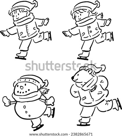 Illustration set of skating boy and girl with snowman and white bear Line art