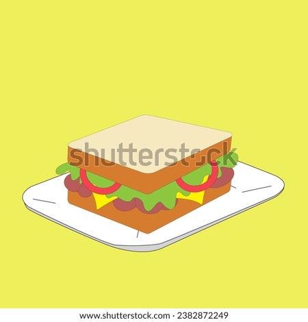Delicious sandwich on a plate isolated on yellow background. Breakfast food icon concept vector illustration