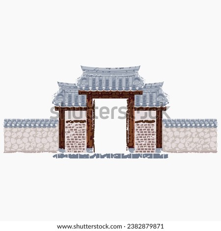 Editable Brush Strokes Style Vector Illustration of Traditional Korean Hanok Gate Building for Artwork Element of Oriental History and Culture Related Design Royalty-Free Stock Photo #2382879871