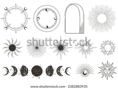 Mystical sky objects - moon phases, sun, stars, astrology elements, magic unreal composition for print, black and white hand drawn space clip arts in vector set
