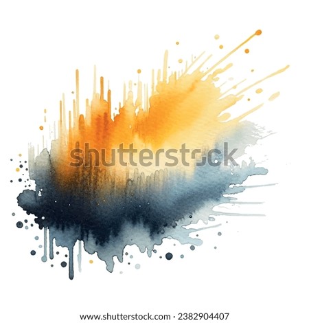 Hand drawn smurged watercolor splash splatter stain brush strokes pattern. Modern yellow blue artistic grungy aquarelle spot. Trendy isolated art design. Element. Vector watercolor illustration.