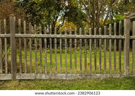 wooden fence stands tall, weathered by time, a symbol of protection and boundaries. Warm sunlight enhances its rustic charm in a serene garden setting