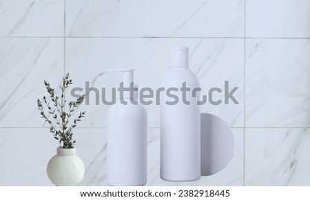 Soft light bathroom decor for advertising, design set of cosmetic bottles with small flowers in vase, 