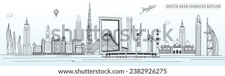 Dubai city skyline towers and landmarks cityscape in liner illustration style vector, Dubai city line art Vector illustration with all famous towers, Cityscape Dubai skyline line art vector.