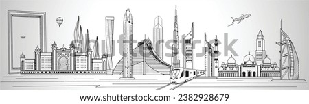 Dubai city skyline towers and landmarks vector dubai city line art, cityscape dubai skyline line art vector. Royalty-Free Stock Photo #2382928679
