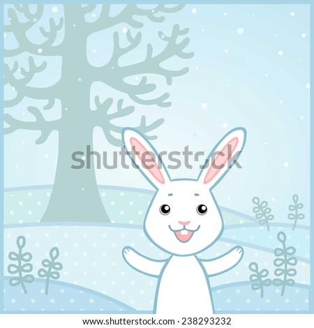 Lovely little rabbit on a winter glade. Vector illustration.