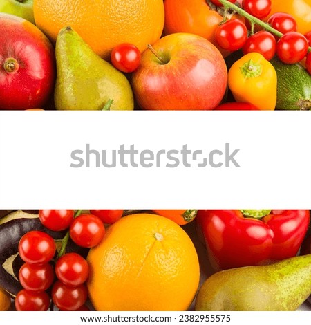 Vegetables and fruits isolated on white background. Free space for text. Collage.