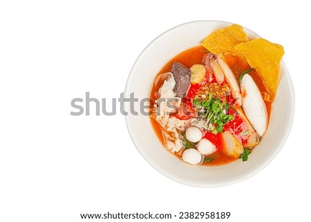 Yentafo seafood, red soup, delicious face, Chinese style food. Royalty-Free Stock Photo #2382958189