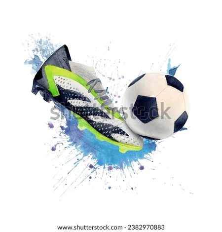 Watercolor drawing of football boot green black and white and soccer ball with pentagons. Blue water splash spots. Hand drawn isolated on white background. For logo sticker poster cards banner leaflet