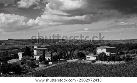 The hills and vineyards of Brolio Castle on the Eroica route. Autumn landscape. Chianti, Tuscany. Italy