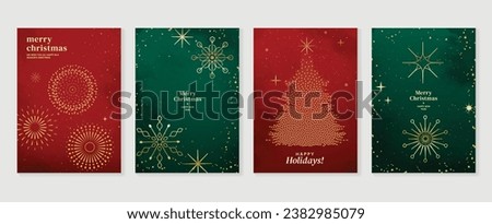 Luxury christmas invitation card art deco design vector. Christmas tree, snowflake, firework line art, watercolor on green and red background. Design illustration for cover, print, poster, wallpaper. Royalty-Free Stock Photo #2382985079