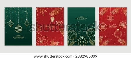 Luxury christmas invitation card art deco design vector. Christmas bauble ball, pine cone, holly sprig line art on green and red background. Design illustration for cover, print, poster, wallpaper.