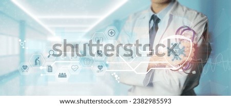 Artificial intelligence (AI) in healthcare concept. Helping to diagnose diseases more accurately, personalize treatments, and reduce costs. Analyze data to identify patterns and predictions. Royalty-Free Stock Photo #2382985593