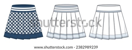 Pleated mini Skirt technical fashion illustration, houndstooth pattern. Set of Skirts fashion flat technical drawing template, front view, white, blue, women CAD mockup set. Royalty-Free Stock Photo #2382989239
