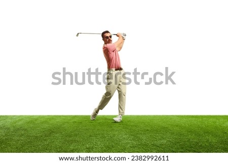 Determined golfer, aligns their swing flawlessly, showcasing unwavering concentration and skill as they aim for distant green on picture-perfect day. Concept of game, sport, recreation. Copy space. ad
