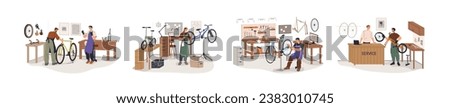 Bicycle repair service set. Mechanics fixing bikes at workshops. Repairmen, workers pumping tires, works with cycle chain, wheel puncture. Flat vector illustrations isolated on white background