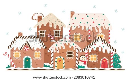 Gingerbread houses christmas scene. Horizontal vector illustration for winter holidays. Gingerbread house day Royalty-Free Stock Photo #2383010941