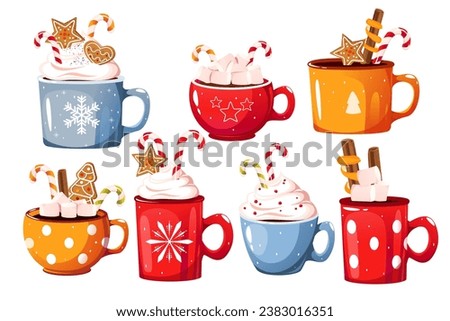 A set of hot chocolate in various mugs.Mug of hot chocolate, cocoa. Christmas drink with marshmallows, cinnamon, candies, gingerbread. Vector illustration. Royalty-Free Stock Photo #2383016351
