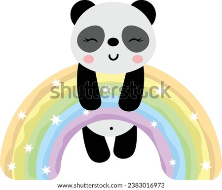 Cute panda hanging on magic rainbow

