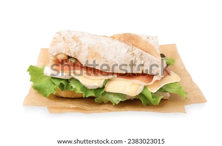 Tasty sandwich with brie cheese and prosciutto isolated on white Royalty-Free Stock Photo #2383023015