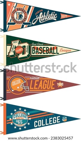 College athletic basketball football baseball hockey vintage pennant flags vector collection for t shirt print or embroidery applique