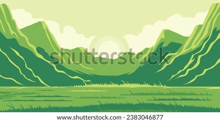 vector plantation design with green meadows on beautiful mountains background 
