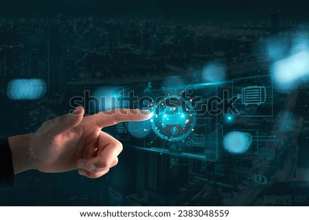 Industry concept for electric car technology: a virtual graphic touch user interface with a blurring city background on a screen in the future.