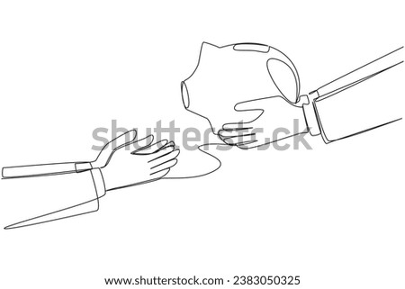 Single continuous line drawing a hand handed a piggy bank to his partner. Check pension fund needs. Doing the best business to live comfortably in retirement. One line design vector illustration