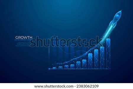 Abstract growth graph chart with launch rocket on technology blue background. Startup and success business concept. Boost metaphor in futuristic light blue style. Low poly digital vector illustration.